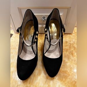 Michael Kors black suede pump with gold stud ankle strap worn once